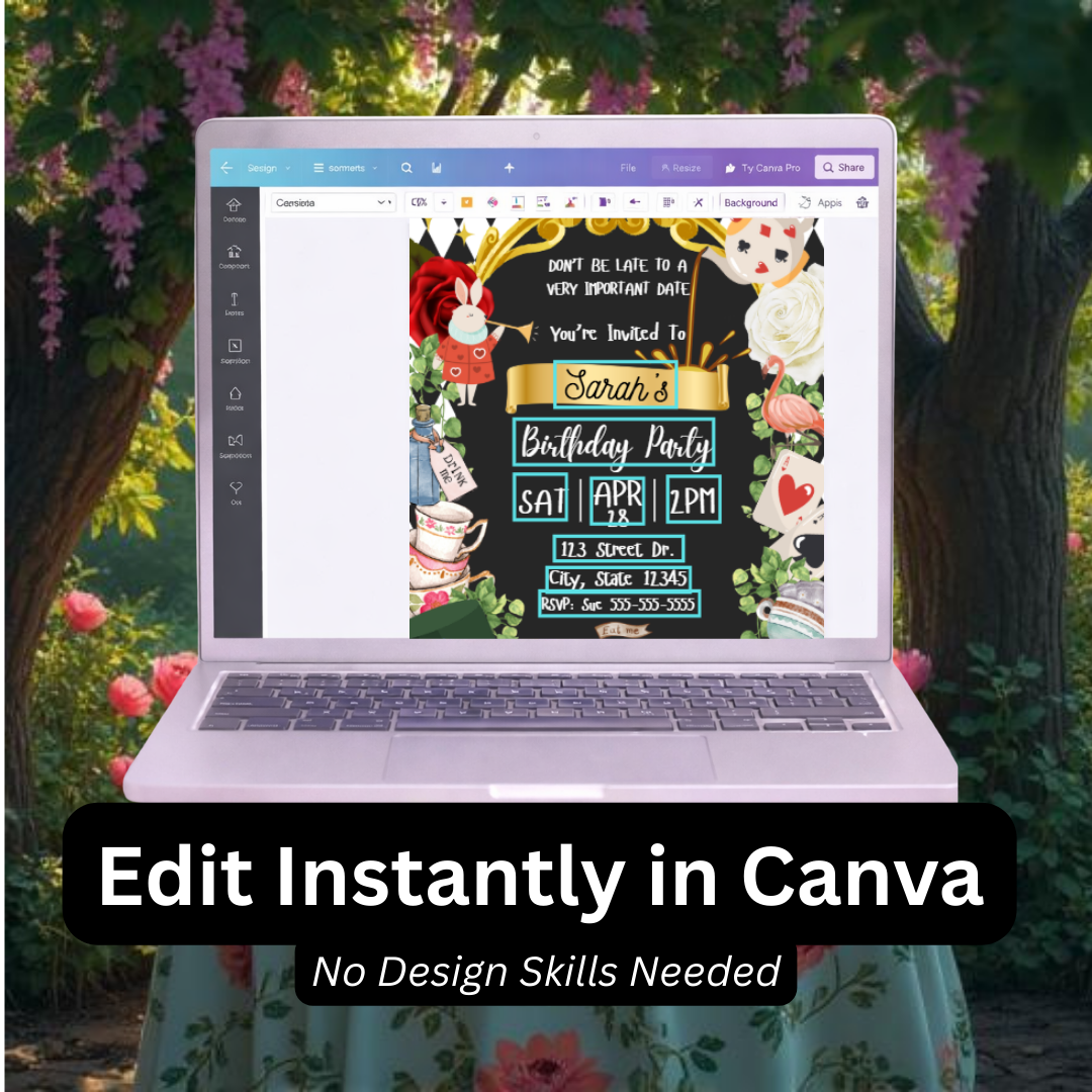 Alice in Wonderland Tea Party Birthday Invitation | Black & White | Editable Canva Template | Whimsical Tea Party Invite | Instant Download