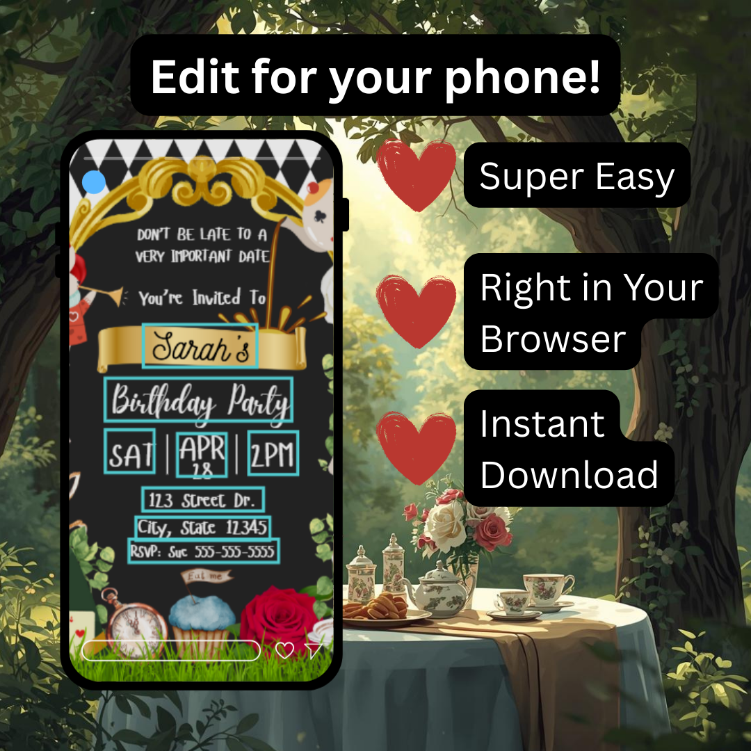 Alice in Wonderland Tea Party Birthday Invitation | Black & White | Editable Canva Template | Whimsical Tea Party Invite | Instant Download