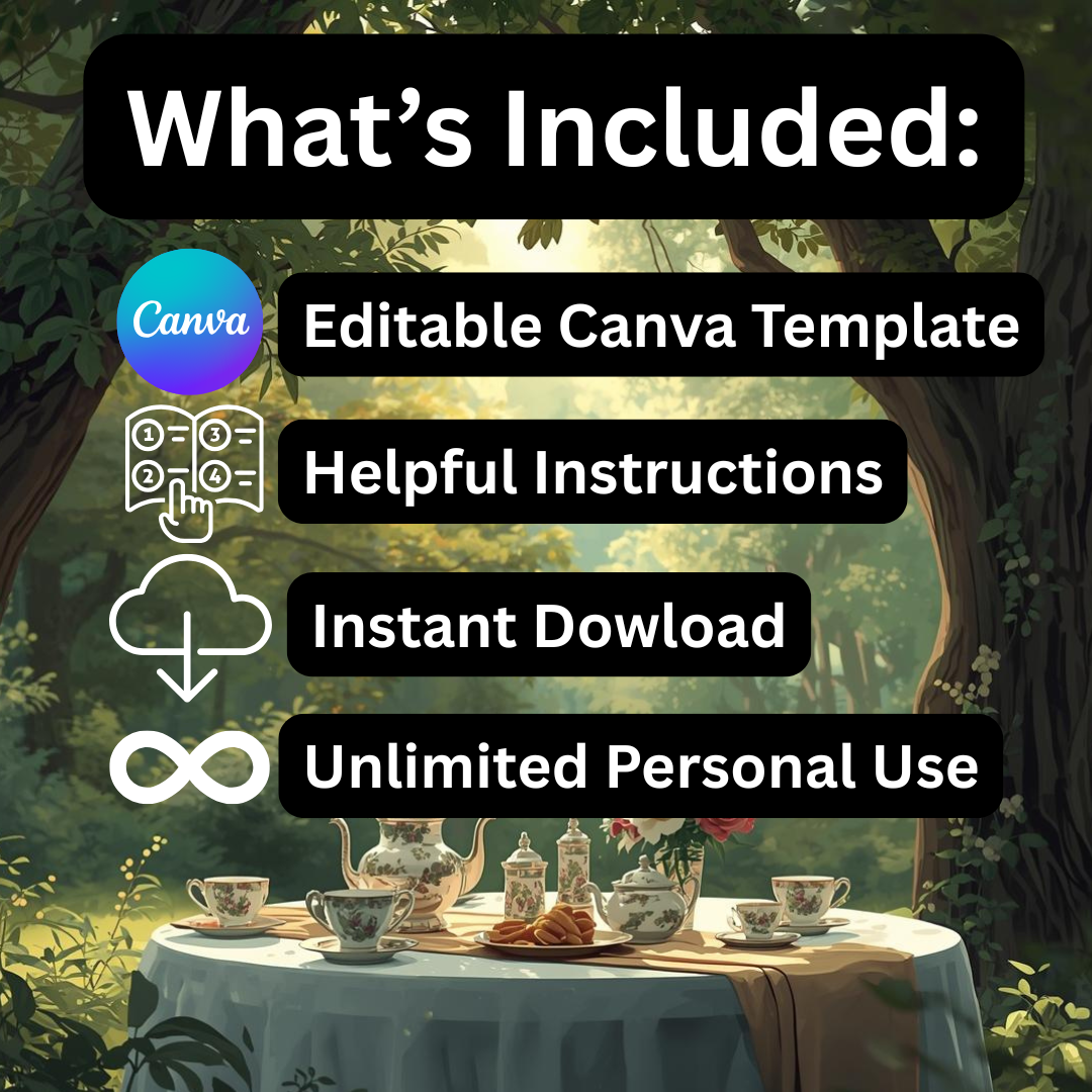 Alice in Wonderland Tea Party Birthday Invitation | Black & White | Editable Canva Template | Whimsical Tea Party Invite | Instant Download