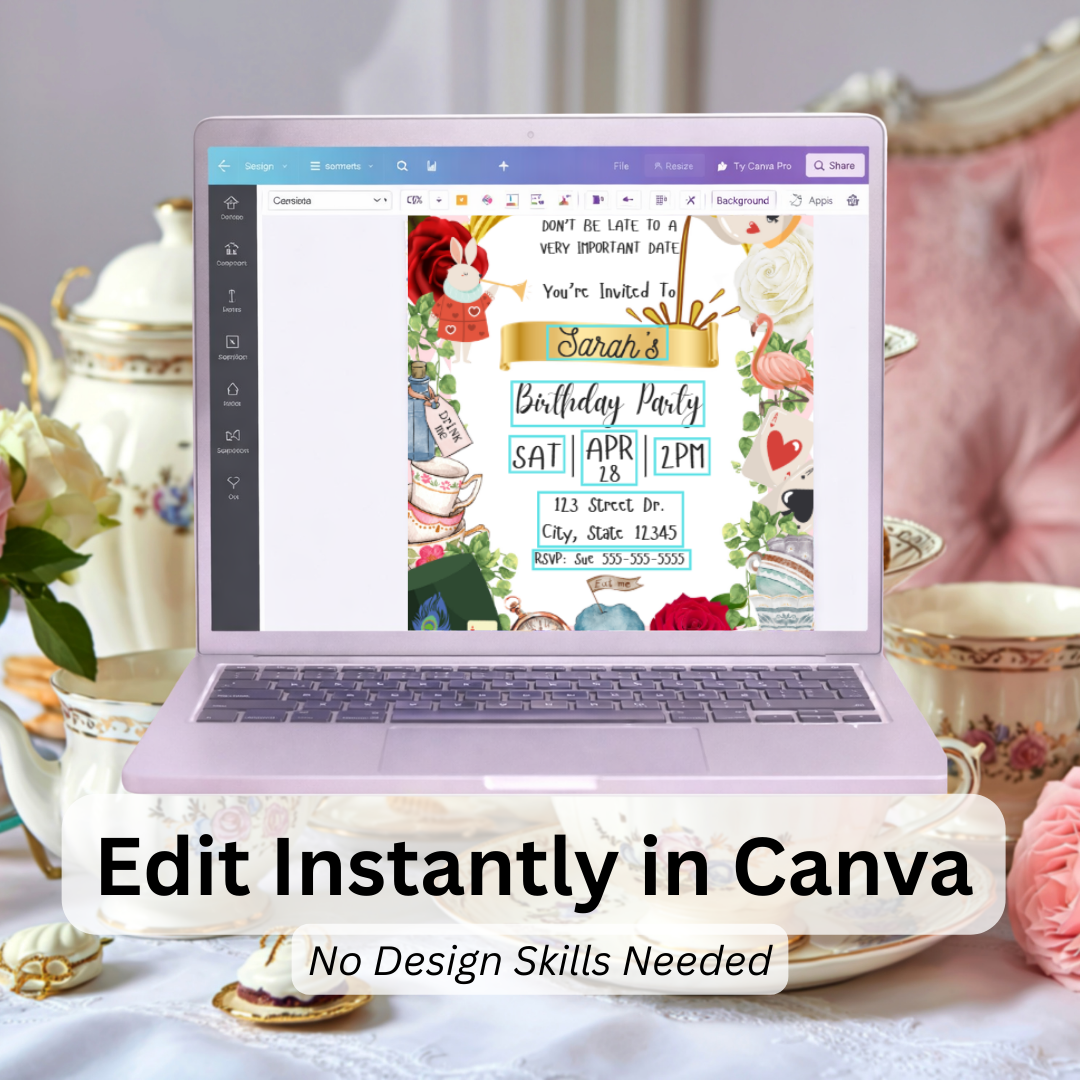 Alice in Wonderland Tea Party Birthday Invitation | Pink & White | Editable Canva Template | Whimsical Tea Party Invite | Instant Download