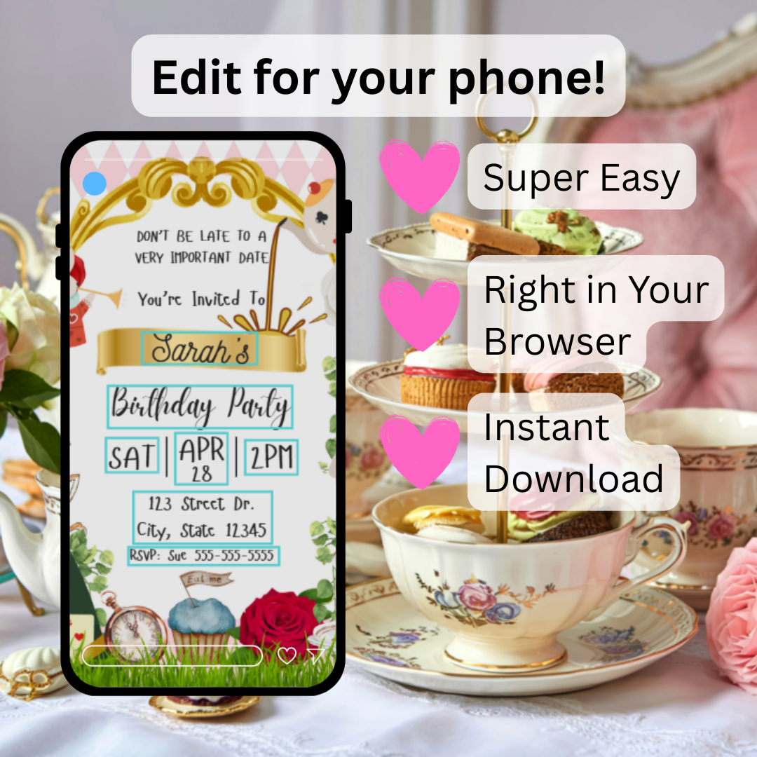 Alice in Wonderland Tea Party Birthday Invitation | Pink & White | Editable Canva Template | Whimsical Tea Party Invite | Instant Download
