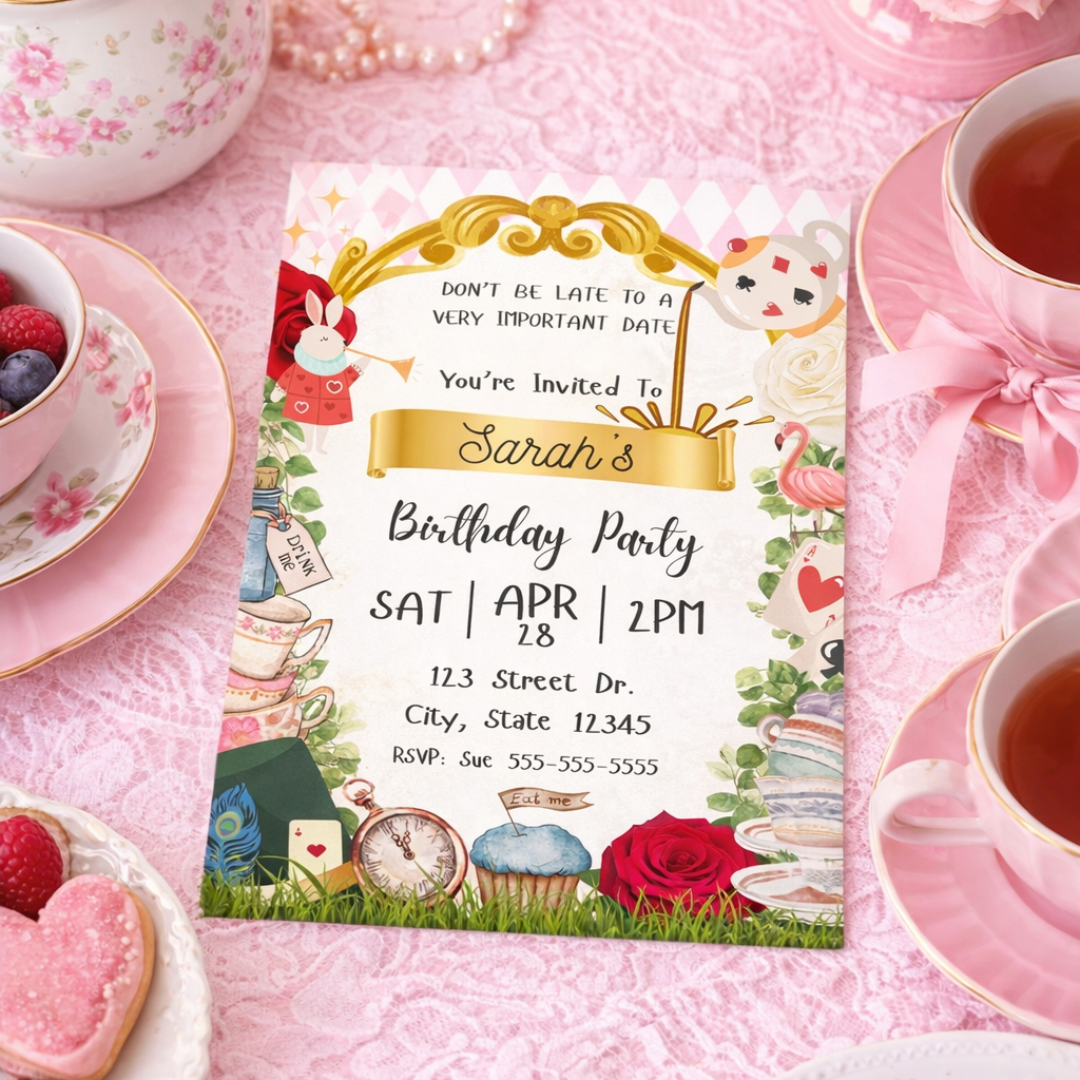 Alice in Wonderland Tea Party Birthday Invitation | Pink & White | Editable Canva Template | Whimsical Tea Party Invite | Instant Download