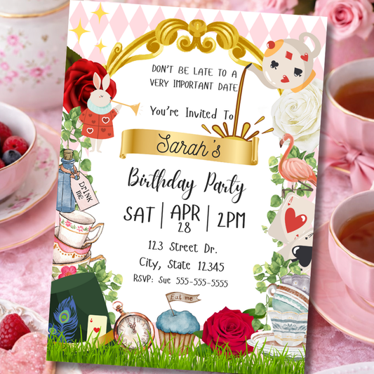 Alice in Wonderland Tea Party Birthday Invitation | Pink & White | Editable Canva Template | Whimsical Tea Party Invite | Instant Download