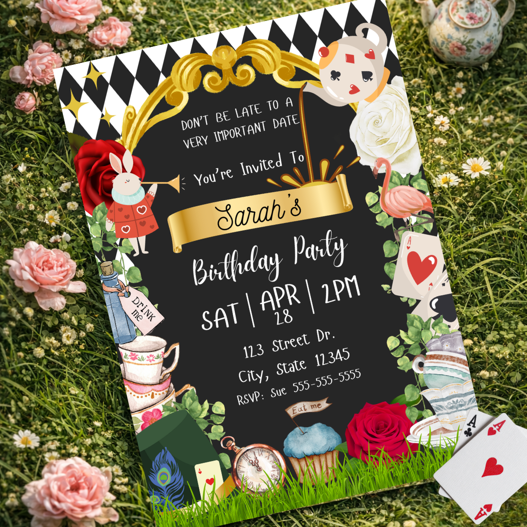 Alice in Wonderland Tea Party Birthday Invitation | Black & White | Editable Canva Template | Whimsical Tea Party Invite | Instant Download