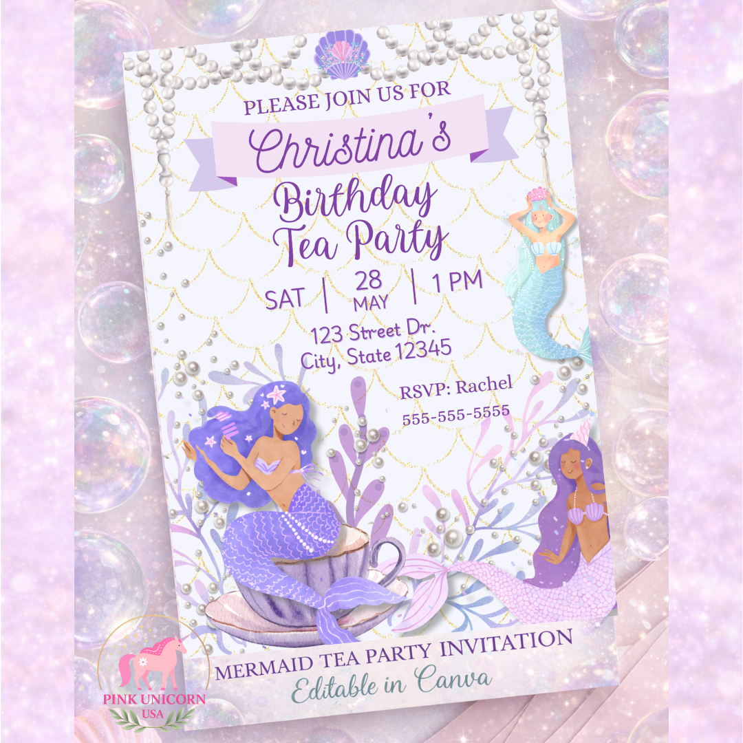 Editable Mermaid Birthday Tea Party Invitation Under the Sea Party Canva Template Instant Download