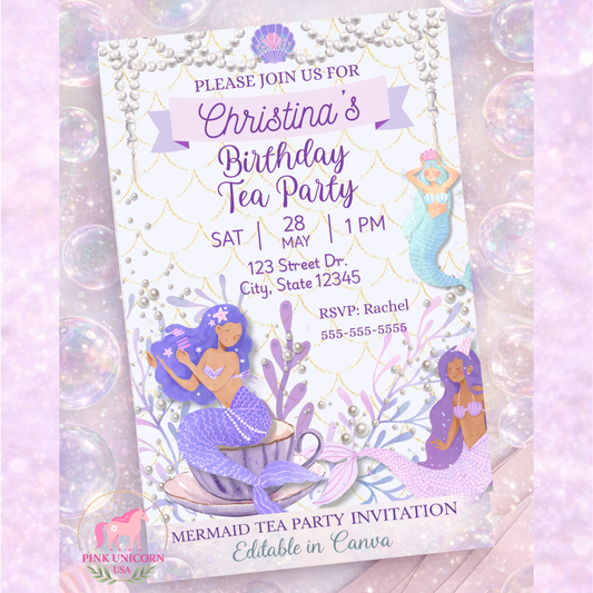 Editable Mermaid Birthday Tea Party Invitation Under the Sea Party Canva Template Instant Download