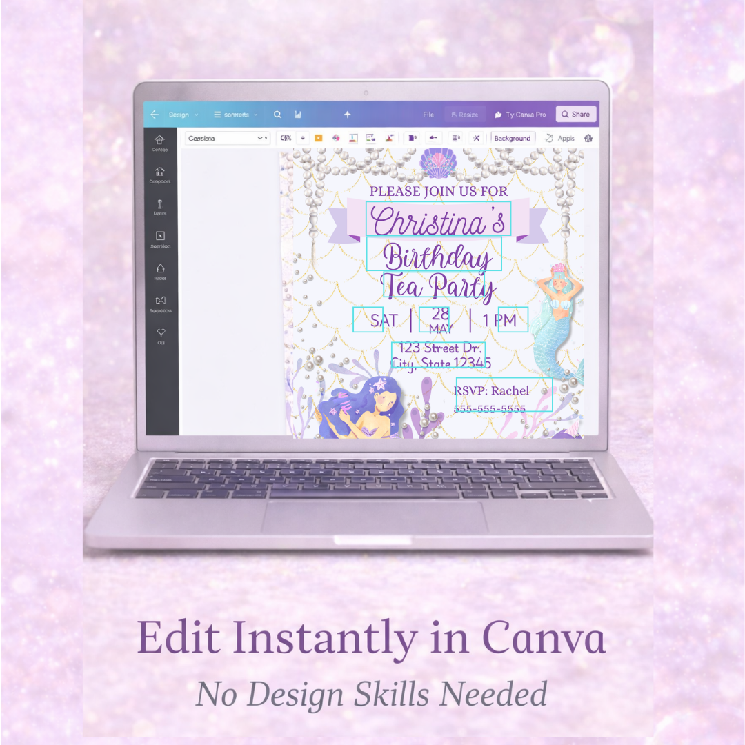 Editable Mermaid Birthday Tea Party Invitation Under the Sea Party Canva Template Instant Download