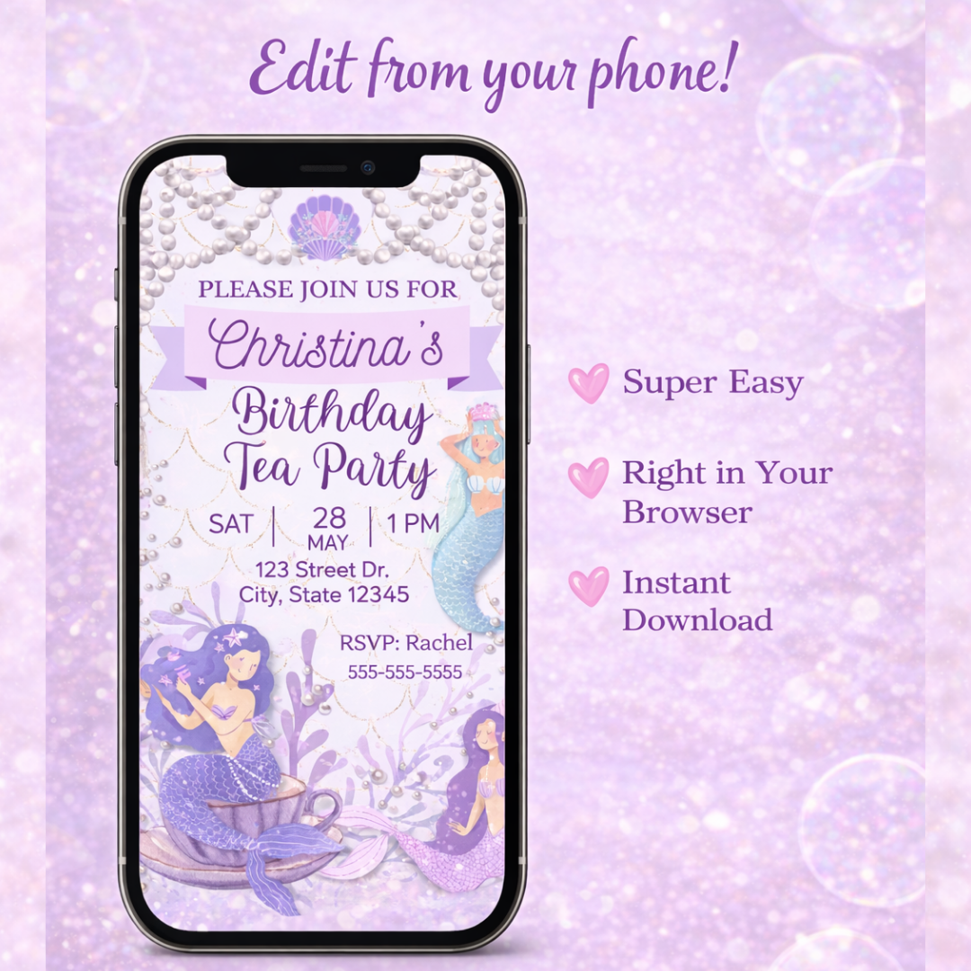 Editable Mermaid Birthday Tea Party Invitation Under the Sea Party Canva Template Instant Download