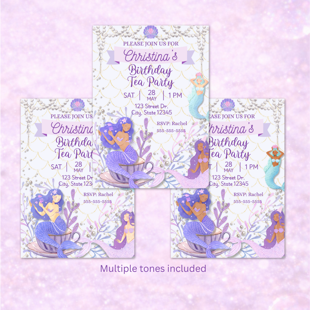 Editable Mermaid Birthday Tea Party Invitation Under the Sea Party Canva Template Instant Download