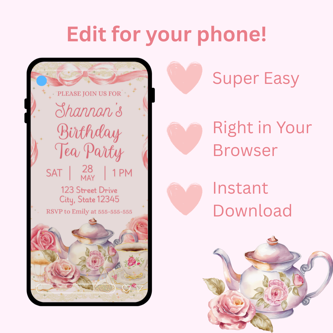 Victorian Tea Party Birthday Invitation | Editable Canva Template | Elegant Floral Tea Party Invite | Instant Download