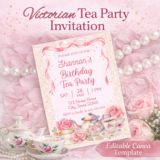 Victorian Tea Party Birthday Invitation | Editable Canva Template | Elegant Floral Tea Party Invite | Instant Download