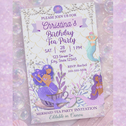 Editable Mermaid Birthday Tea Party Invitation Under the Sea Party Canva Template Instant Download